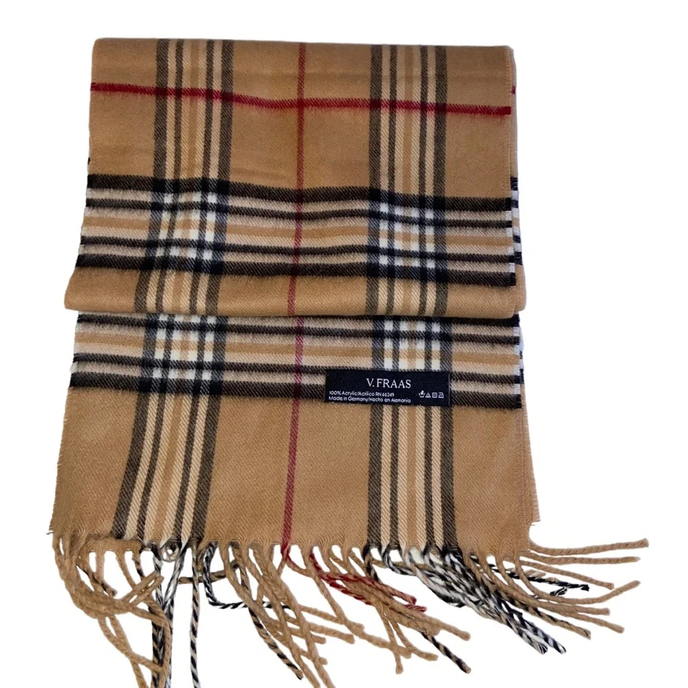 V. Fraas Tan Plaid Scarf Fringe Unisex Mens Womens Made in Germany Soft Acrylic